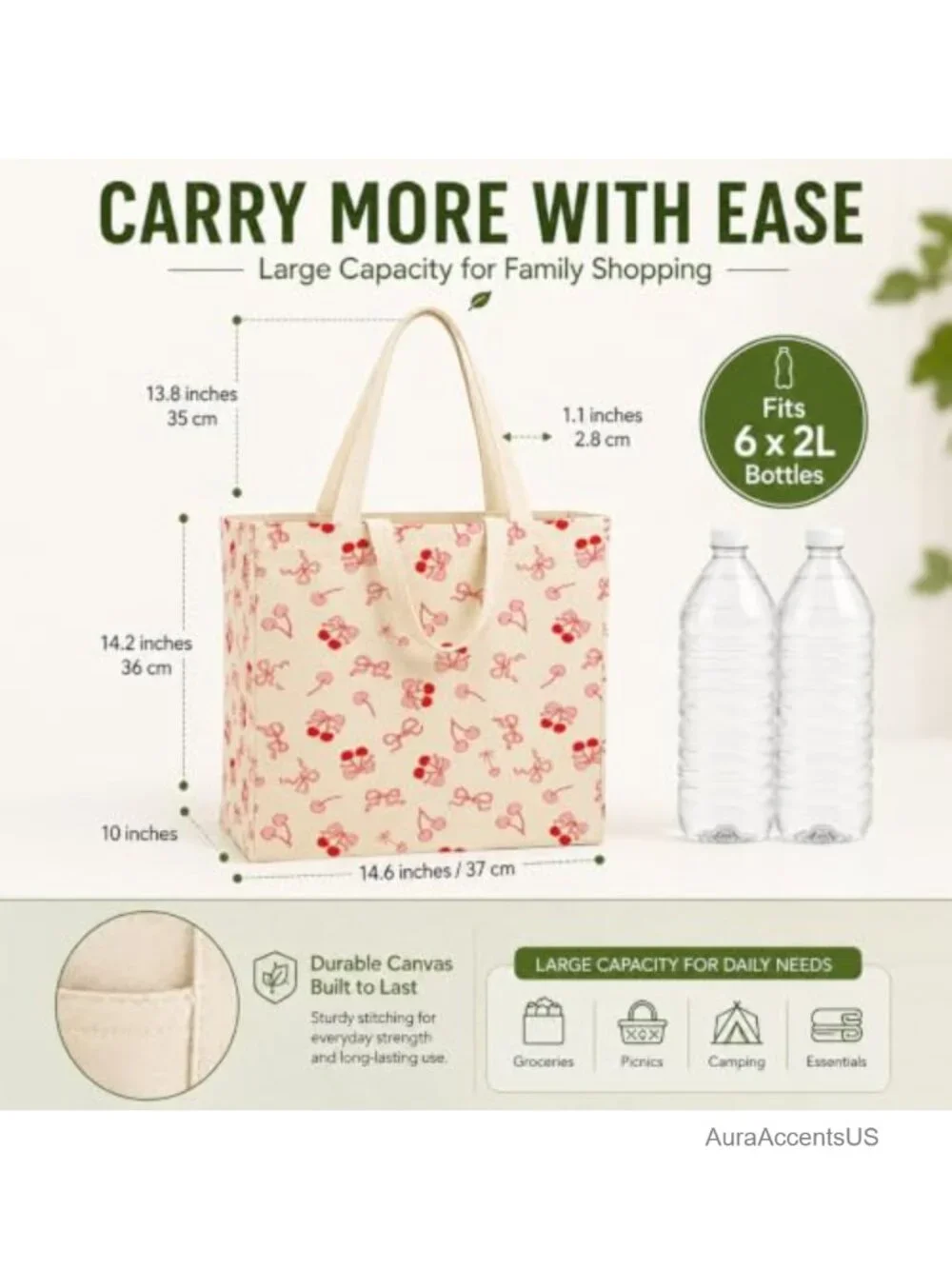 Large Canvas Grocery Tote Bag Reusable Shopping Shoulder Bags with 4 Inner